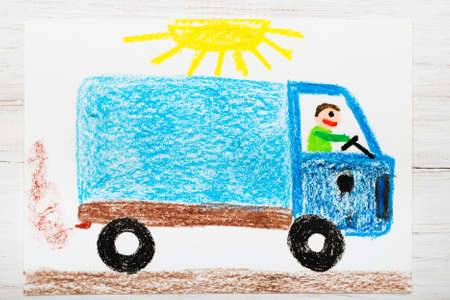 Colorful drawing: man in a blue truckの写真素材