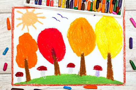 Photo of colorful drawing: Autumn landscape, trees with yellow, orange and red leavesの写真素材