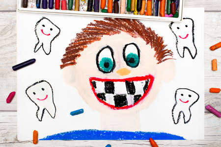Photo of colorful drawing: Smiling boy without milk teeth.  Losing baby teeth.の写真素材