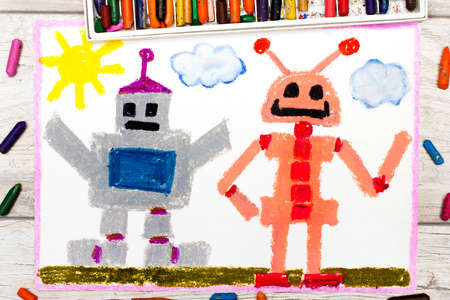Photo of a colorfful drawing: Two different robotsの写真素材