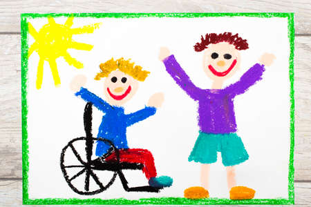 Photo of colorful drawing: Smiling boy sitting on his wheelchair. Disabled boy with a friendの写真素材