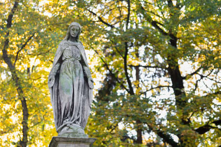 Statue of Mary Mother of God, at autumn tree backgroung, copy space. Religious symbol.の写真素材