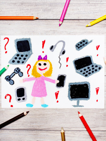 Photo of colorful drawing: smiling little girl surrounded by electronic devices, phones, computers and tabletsの写真素材