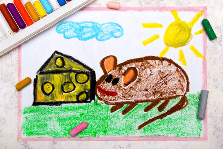Colorful hand drawing: adorable little mouse eating yellow cheese with holes