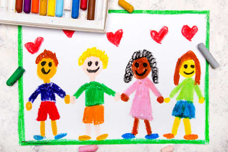 Colorful drawing: A group of happy international friends holds handsの写真素材