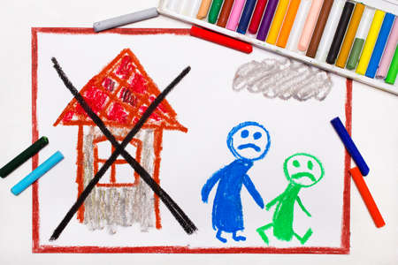 Colorful drawing: Two sad people leave their home. The problem of homelessness, eviction or moving outの写真素材