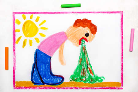 Colorful drawing: Vomiting man. A sign of food poisoning or the effect of drinking alcoholの写真素材