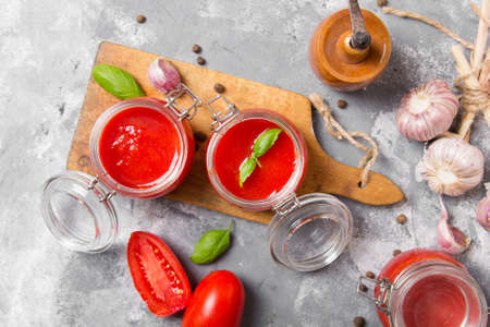 Tasty homemade tomato puree. Top viewの写真素材