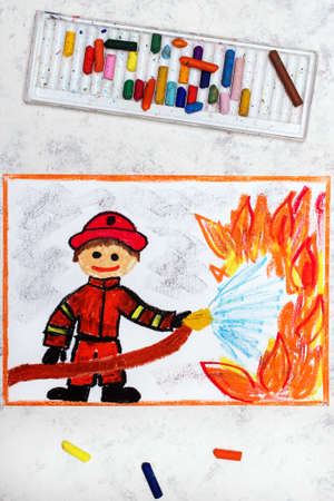 Photo of colorful drawing: Smiling Fireman using water to fighting with fire. Firefighter in actionの写真素材