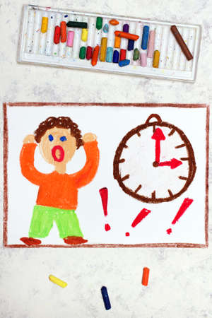 Photo of colorful drawing: Stressed boy standing next to the clock. Problem with time organizationの写真素材