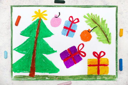 Photo of colorful drawing: Christmas tree and giftsの写真素材