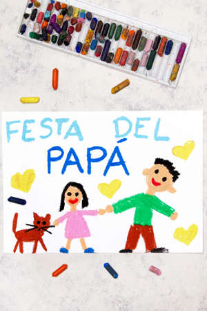 Photo of colorful drawing: Italian lanquage, Father's day card. Happy father and his daughter.の写真素材