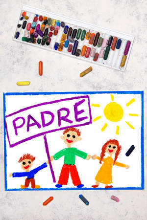Photo of colorful drawing: Spanish lanquage, Father's day card. Happy father and his children, daughter and sonの写真素材