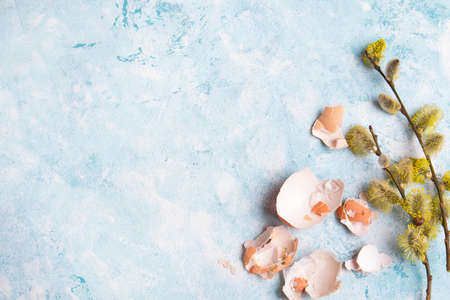 Easter background with eggs shells and catkin twigs, copy spaceの写真素材