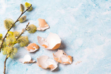 Easter background with eggs shells and catkin twigs, copy spaceの写真素材
