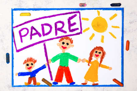 Photo of colorful drawing: Spanish lanquage, Father's day card. Happy father and his children, daughter and son の写真素材
