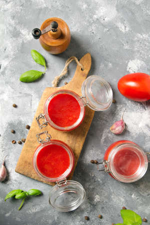 Tasty homemade tomato puree. Top viewの写真素材