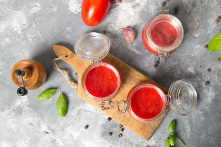 Tasty homemade tomato puree. Top viewの写真素材