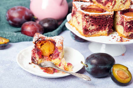 Tasty plum cake with pieces of fruit and powdered sugar on a light backgroundの写真素材