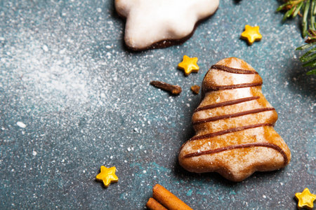 Beautiful Christmas background with decorations. Christmas cookies witch chocolate, gingerbread...