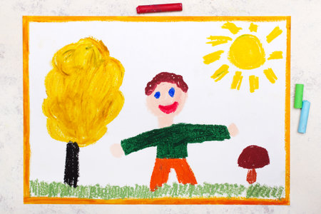 Photo of colorful drawing: Smiling man picking mushrooms in autumn forestの写真素材