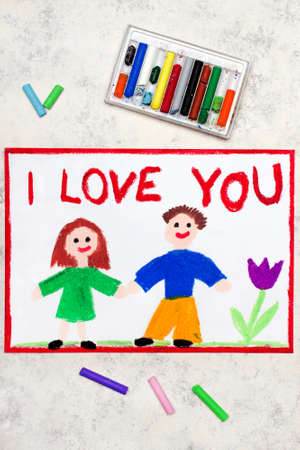 Colorful drawing: couple in love and inscription I LOVE YOU. Happy relationshipの写真素材