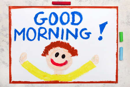 Colorful drawing: Happy smiling man and words: Good Morning.の写真素材