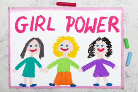 Colorful drawing: A group of girls are holding hands and slogan GIRL POWERの写真素材