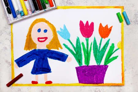 Colorful drawing: Smiling girl standing nex to flowerpot with tulipsの写真素材