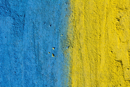 Flag of Ukraine. Chalk drawing on sidewalk. Creative support by children for Ukraineの写真素材