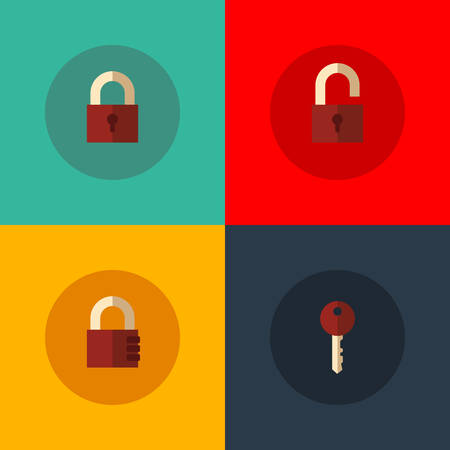 Set of vector icons with closed and opened padlocks, key and code lockのイラスト素材