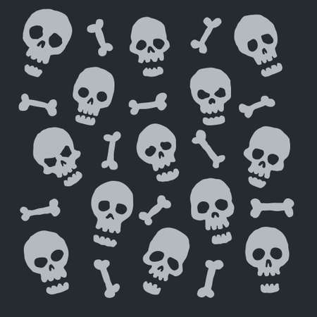 Set of hand drawn illustrations of skulls and bones on a dark backgroundのイラスト素材