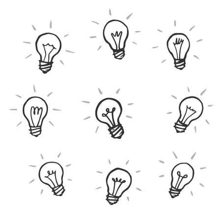 Set of hand drawn black and white illustrations of glowing light bulbsのイラスト素材