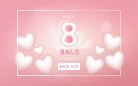 8 March Happy Women's Day Sale Vector Banner in Pink Background. Design elements of big number 8, white leaves and big hearts. Text of march, up to 50% off SALE, and shop now button.のイラスト素材
