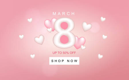 8 March Happy Womens Day Sale Vector Banner in Pink Background. Design elements of big number 8, small white and pink hearts. Text of march, up to 50% off, and shop now button.のイラスト素材