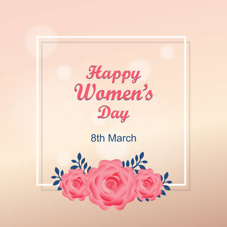 Womans Day March 8th text design with pink rose flowers and white square border. Vector illustration. Greeting design in pink color background. Template for a poster, cards, banner,greetings.のイラスト素材