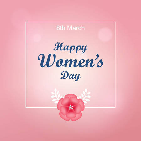 Womans Day March 8th text design with pink flower and white square border. Vector illustration. Womans Day greeting design in pink color background. Template for a poster, cards, banner,greetings.のイラスト素材