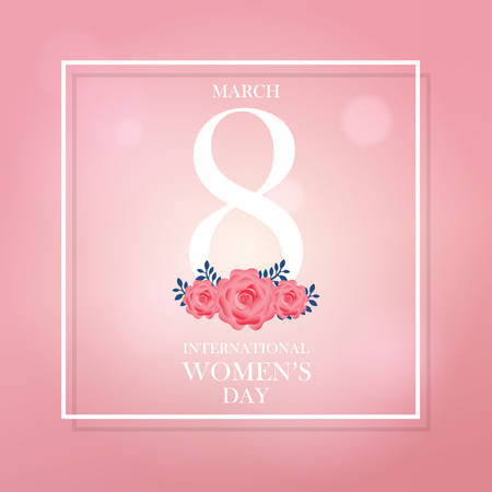 International Women's Day March 8 ribbon text design with pink roses flowers. Greeting design in gradient light pink color background. Template for a poster, cards, banner, greetings. Elegant design.のイラスト素材