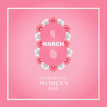 International Women's Day March 8 text design with pink and white flowers. Greeting design in gradient pink color background. Template for a poster, cards, banner, greetings. Elegant design.のイラスト素材