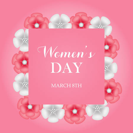 Woman's Day March 8th text design with pink and white flowers. Vector illustration. Greeting design in pink color background. Template for a poster, cards, banner, greetings. Elegant design.のイラスト素材
