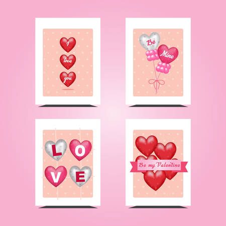 Valentine's day greeting card set with red, pink and white balloons, love, be mine text. Vector Illustration for wallpaper, flyers, invitation, posters, brochure, banners,weddings, and gifts tags.のイラスト素材