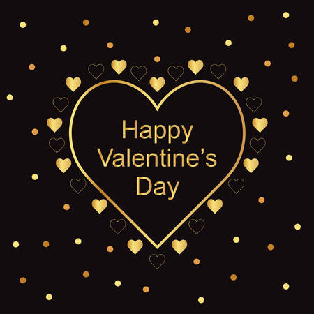 Valentines Day Heart on black background with gold small hearts. Modern, minimalist, glamorous style design.のイラスト素材