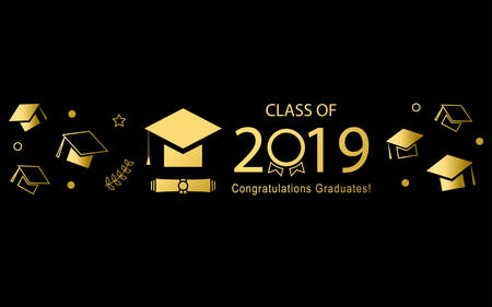 Graduation cap vector banner in black background. Design elements of Graduation cap or hat, scroll, text of Class of 2019, Congratulations Graduates. For greetings, invitations, posters, banners.のイラスト素材