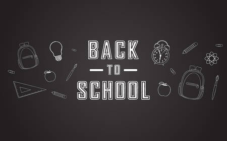 Back to school sale vector banner design with elements of school bag, shopping bag, apple, ruler, paint brush, clock, paper clip, pencil in black chalk board background.のイラスト素材