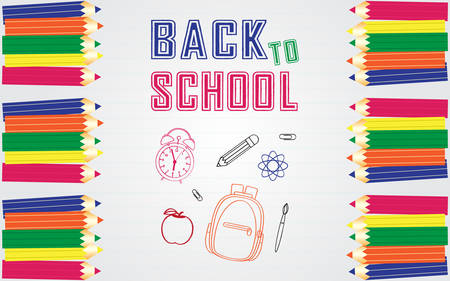 Back to school vector banner design with elements of doodled bag, apple, science icon, paint brush, alarm clock and border with colored pencil in white paper lined notebook-like background.のイラスト素材