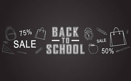 Back to school sale vector banner design with elements of school bag, shopping bag, apple, ruler, paint brush, clock, paper clip, pencil in black chalk board background.のイラスト素材