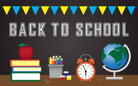 Back to school vector banner design with elements of apple, books, paint brush, colored pencil, art paints, clock, paper clip and pencil in black chalk board background.のイラスト素材