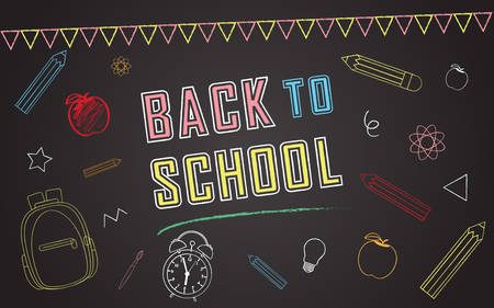 Back to school vector banner design with elements of school bag, star, apple, paint brush, idea bulb, science icon, clock, bunting flag and pencil in black chalk board background.のイラスト素材