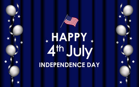 Happy 4th of July. USA Independence Day celebration in blue stage curtain background, star, foil balloons in paper serpentine, US Flag. For posters, greetings, banners, promotions, backgrounds.のイラスト素材