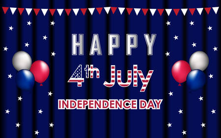 Happy 4th of July. USA Independence Day celebration in blue stage curtain background. Elements of bunting flag, star, foil balloons. Design for posters, greetings, banners, promotions, backgrounds.のイラスト素材